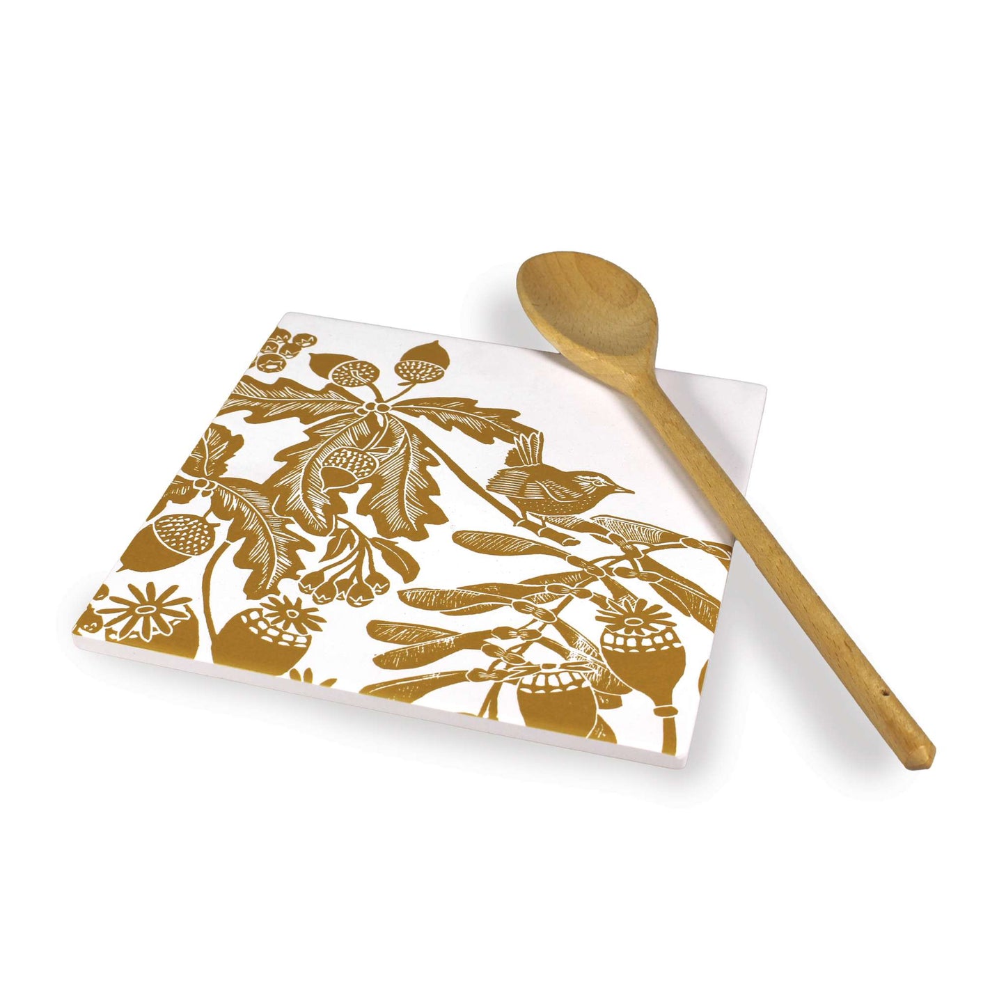 Ceramic Trivet Woodland Thistle Bird Pattern Ochre Yellow