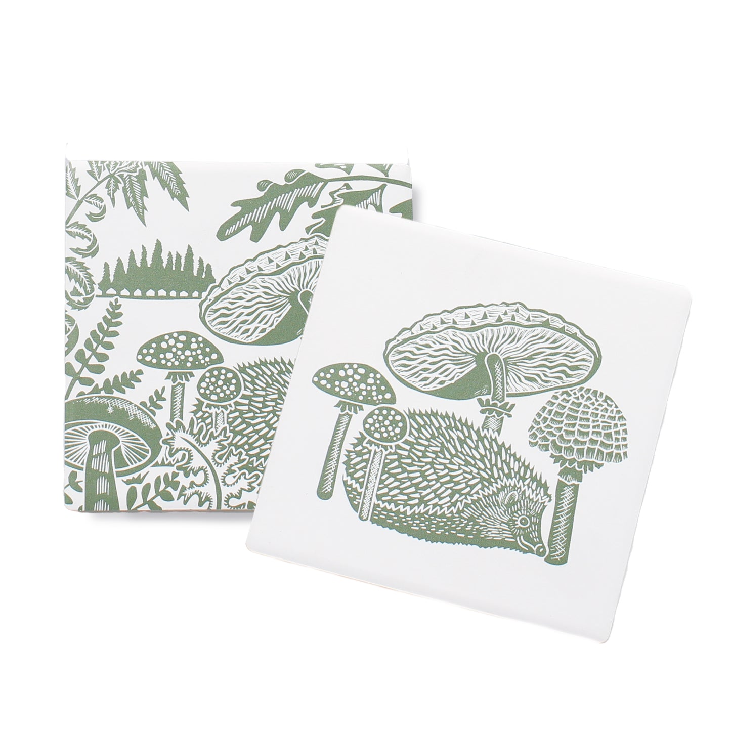Ceramic Coasters Woodland Mushroom Hedgehog Green