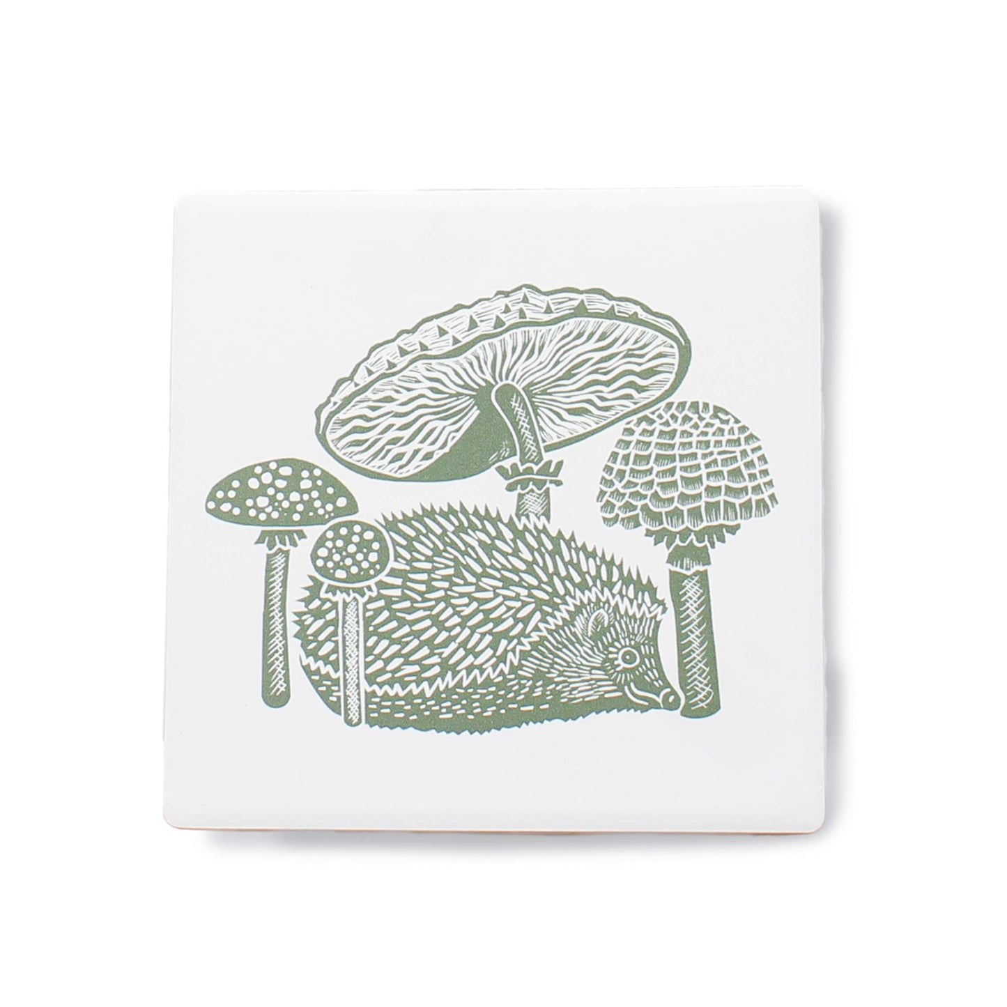 Ceramic Coasters Woodland Mushroom Hedgehog Green