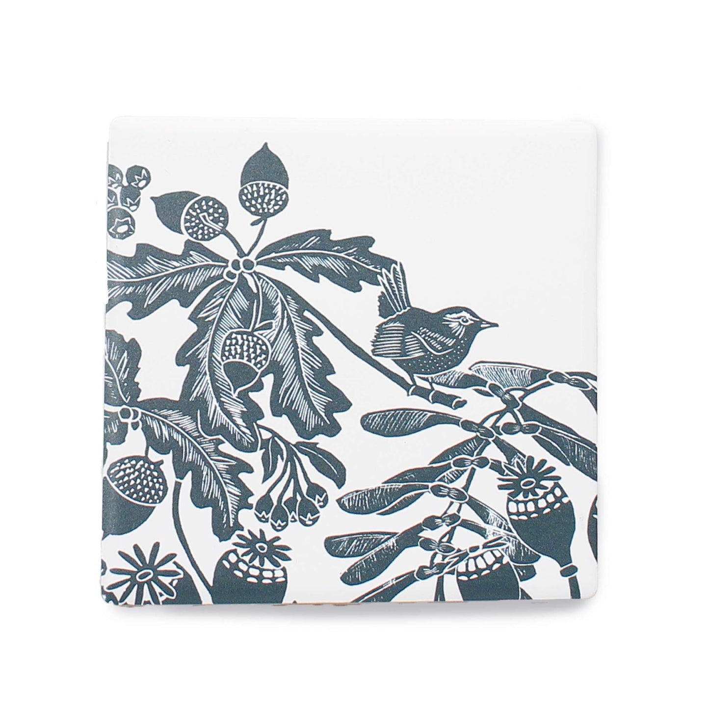 Ceramic Coasters Woodland Acorn Bird Navy