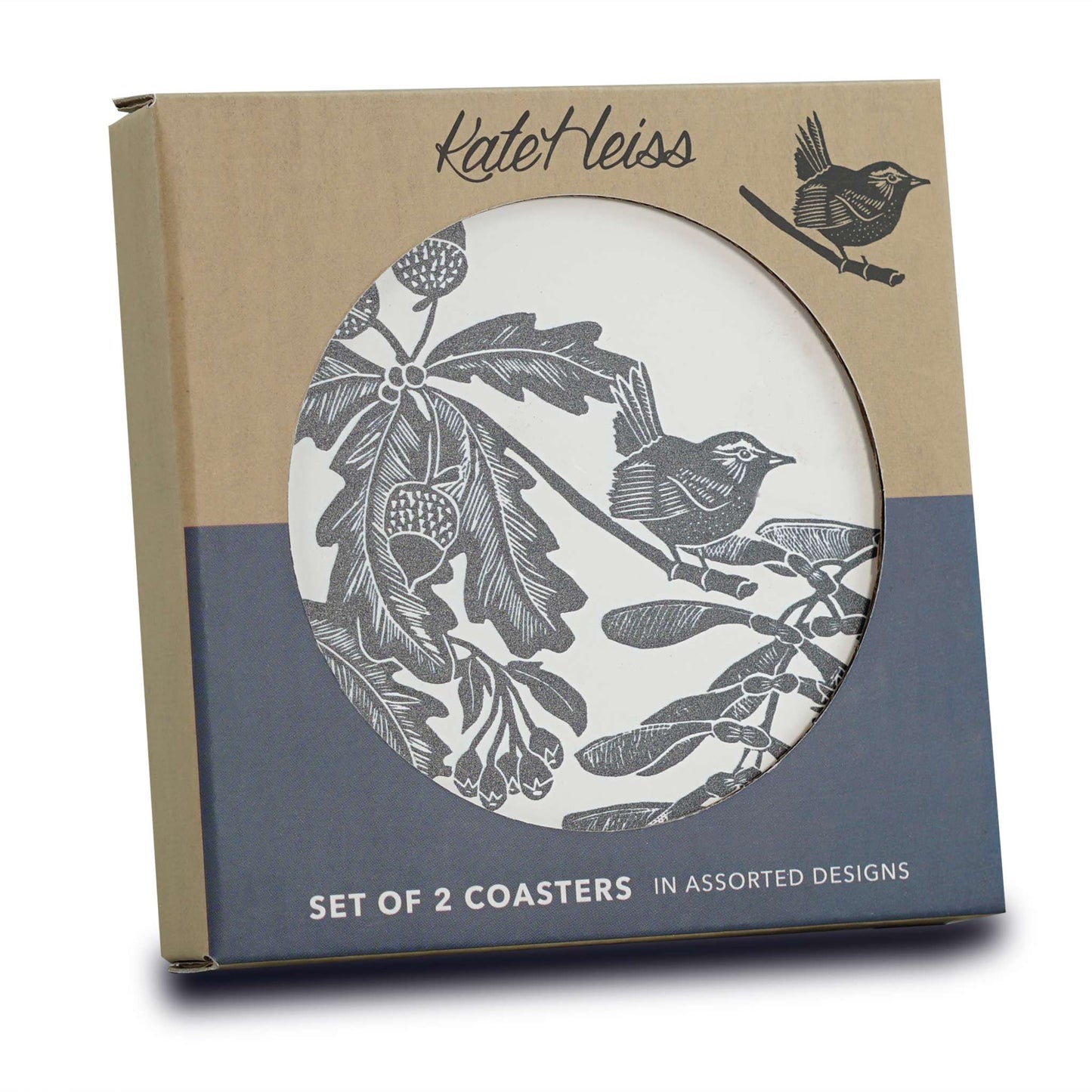 Ceramic Coasters Woodland Acorn Bird Navy