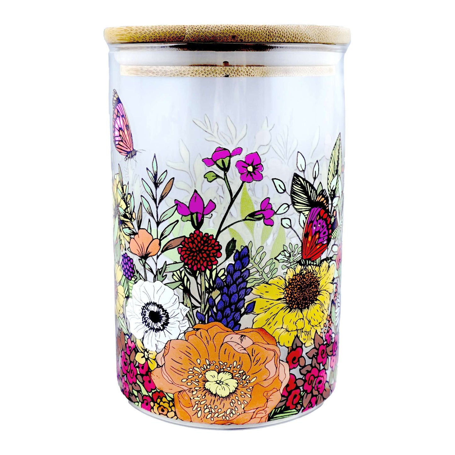 Glass Storage Jar Container Butterfly Flowers Floral
