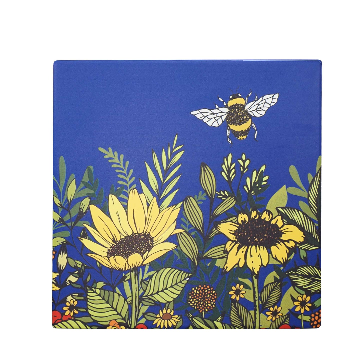 Ceramic Trivet Blue Bee Sunflower Floral Pattern Honey