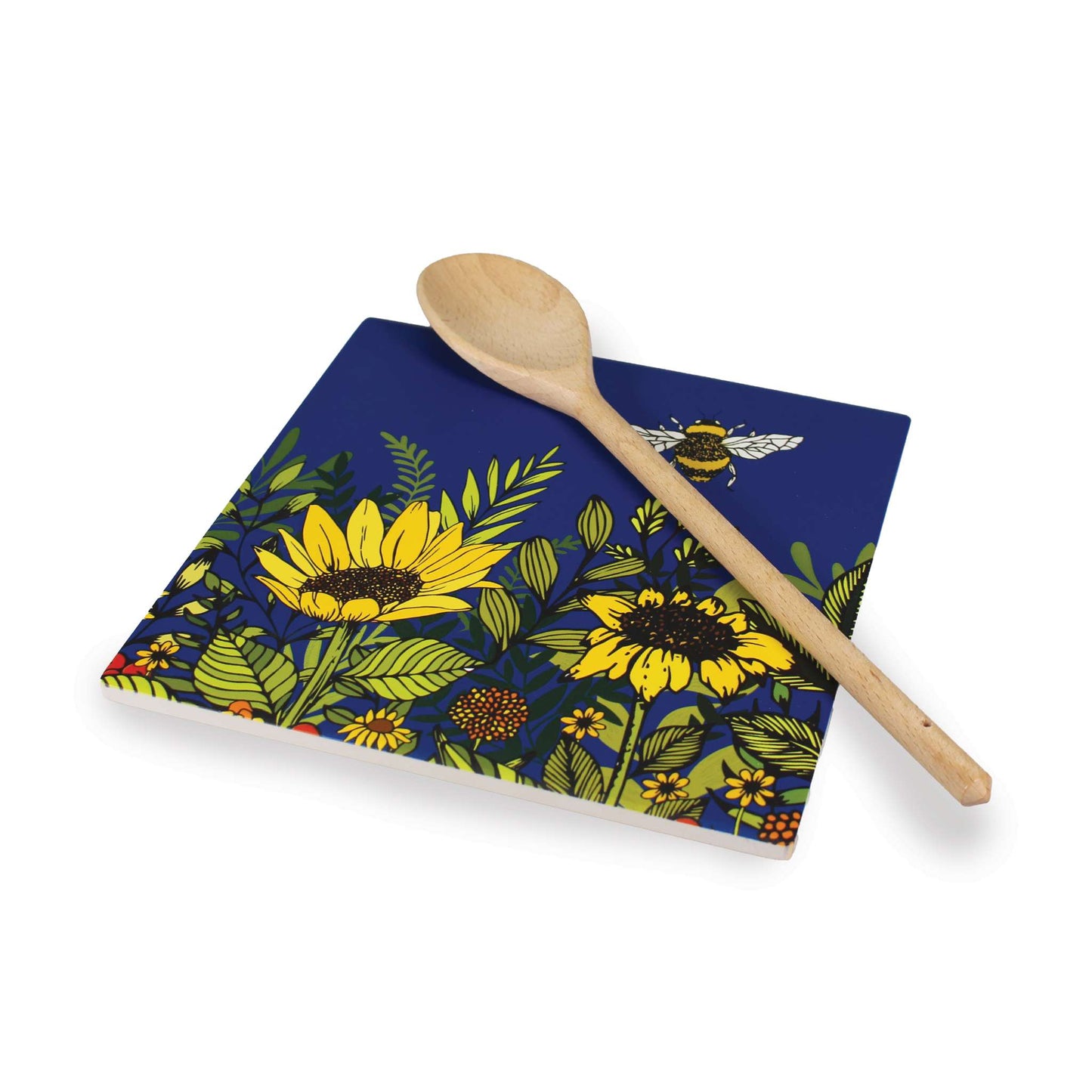 Ceramic Trivet Blue Bee Sunflower Floral Pattern Honey